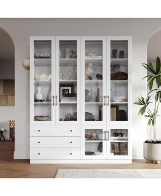 Modern 10-Shelf Accent Bookcase with Glass Doors, LED Lights