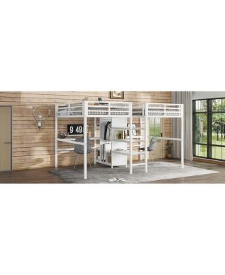 Twin Over Twin Metal Loft Bed with Double Desk, Wardrobe, Shelves & Outlet
