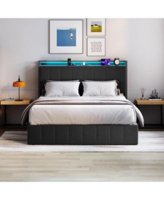 Queen Lift Up Storage Bed Frame Velvet Upholstered Hydraulic Platform Storage Headboard LED Charging Wood Slats No Box Spring