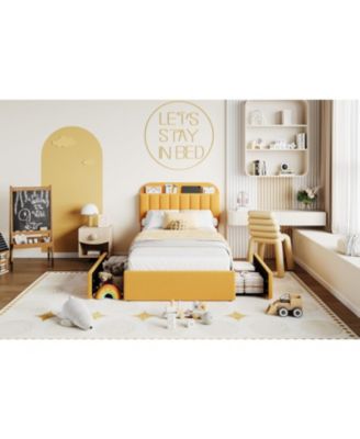 Twin Bed Frame Boucle Upholstered Storage Headboard 2 Drawers Shelf Noise Free Easy Build No Box Spring