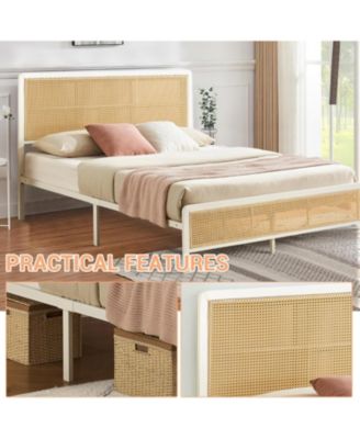 Full Rattan Bed Frame With LED Headboard Metal Platform Storage Rounded Corners Noise Free No Box Spring