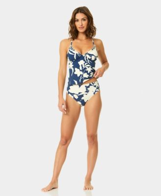 Women's Printed V-Neck Contrast Ruffle Tankini Top
