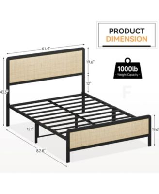 Queen Platform Bed Frame With Rattan Headboard and Footboard Rounded Corners Metal Slats Enhanced Stability