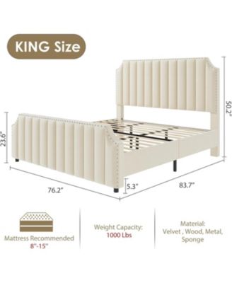 King Platform Bed Frame With Upholstered Vertical Tufted Headboard Footboard Wooden Slats No Box Spring Easy Setup