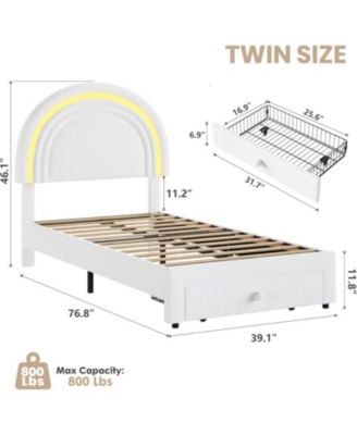   Bed Frame for Kids Boucle Platform LED Rainbow Headboard Storage Drawer Berber Fleece Sturdy Wood Slats