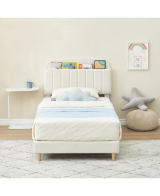 Twin Bed Frame With Bookcase Headboard Upholstered Platform Kids Bed Wooden Slats No Box Spring