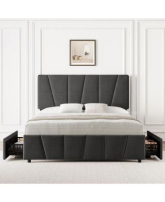 Bed Frame with 4 Storage Drawers and Headboard, Upholstered Platform Bed Frame with Wooden Slats Support, No Box Spring Needed, Noise Free