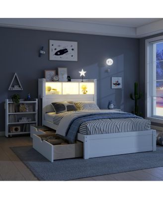 Twin Size Wood Bed with Storage Headboard and Drawers