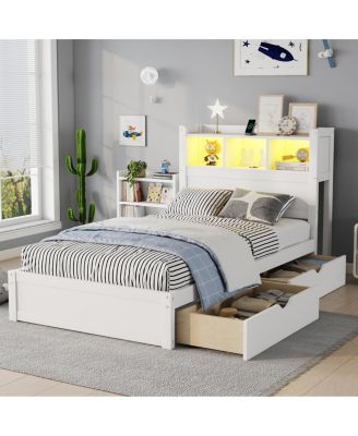 Twin Size Wood Bed with Storage Headboard and Drawers