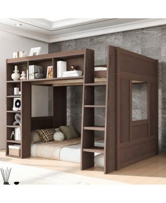 Queen Size Wooden Loft Bed with Storage Cabinets and Shelves