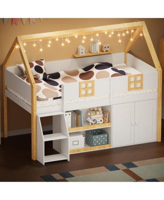  Low loft bed with stairs, shelves, cabinets & LED lights