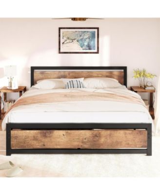  Bed Frame Industrial Platform With Headboard Easy Assembly Mattress Frame Retro Brown No Box Spring Needed