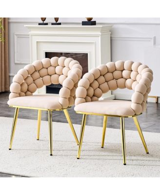 Set of 2 Beige Puffy Bubble Chairs with Gold Legs, Modern Accent Chairs