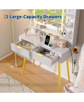 Mid-Century Modern Makeup Vanity Desk with Lighted Mirror, 2 Drawers and Cabinet