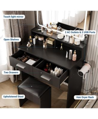 Modern Small Makeup Vanity Set with 3-Color LED Mirror, 2 Drawers, Stool and Power Outlet