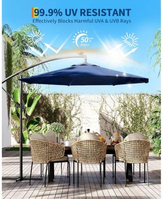 10FT offset patio umbrella with weighted base, 360° rotation and infinite tilt for versatile shade on decks, poolsides, lawns, and backyards.
