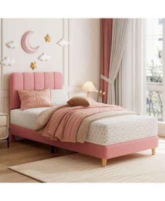 Upholstered Bed Frame Boucle Platform Wave Headboard for Kids No Box Spring Wood Slats Noise Free
