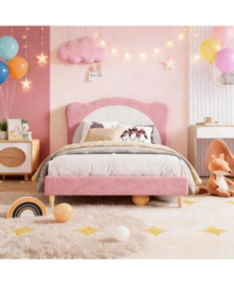 Full Panda Princess Bed Frame for Kids Velvet Upholstered Platform Wood Slats No Box Spring Modern Princess