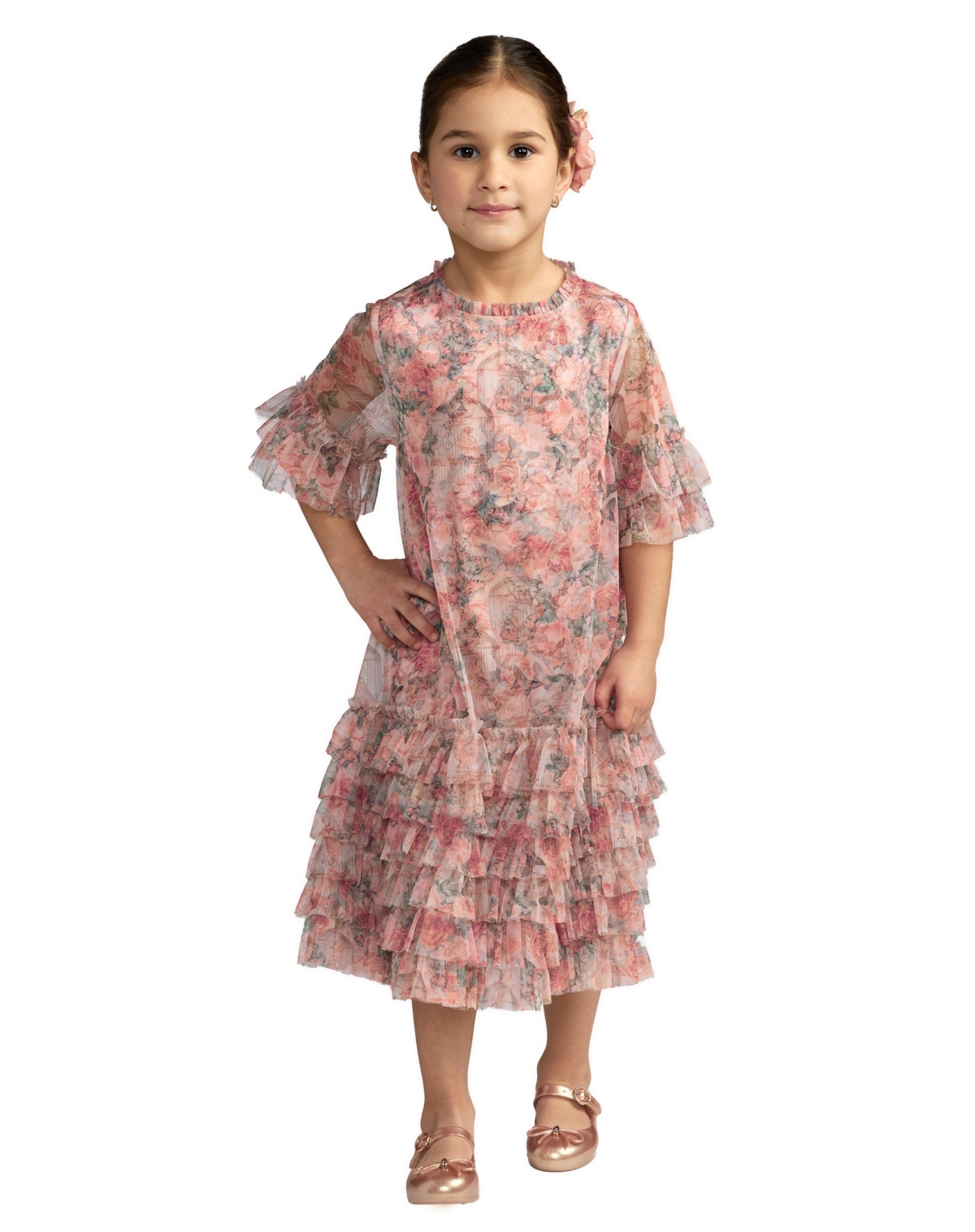 Mac Duggal - Girls Pink Floral Printed Short Sleeve Ruffle Dress - Pink Multi / US 14