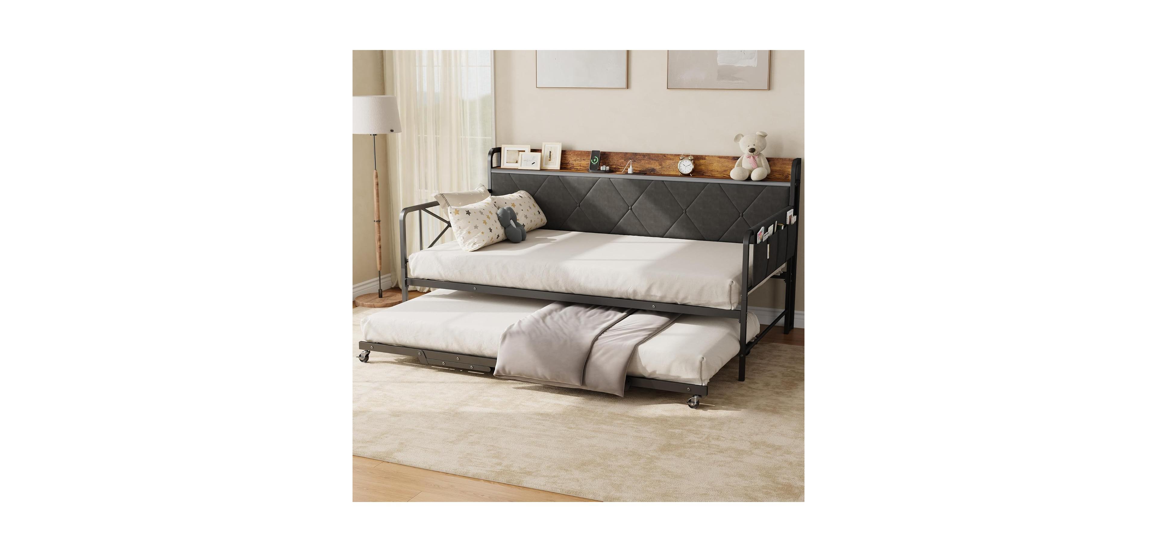 gaomon Daybed with Trundle, Upholstered Headboard, Led Light and Charging Station, Metal Frame Sofa Daybed