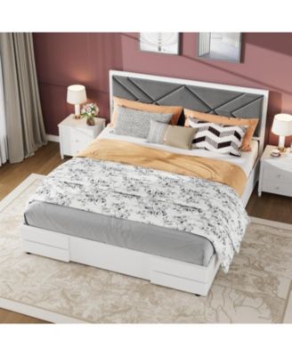 Queen Size Bed Frame Wood Platform Upholstered Fabric Headboard Wood Slat Support No Box Spring Easy