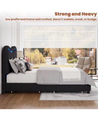  LED Bed Frame with 2 Drawers and Headboard Cute Upholstered Bed Storage Sturdy Platform No Box Spring