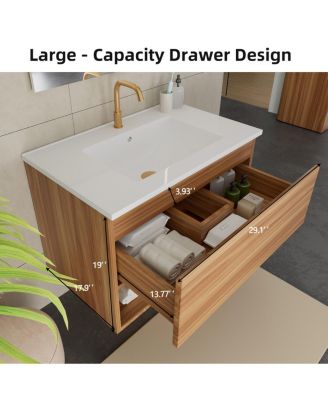 29" Wall Mounted Bathroom Vanity with Sink, Modern Walnut MDF Cabinet, Large Drawer Storage for Small Space