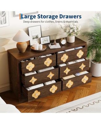 6 Drawer Dresser for Bedroom, 47.2'' Wide Dresser, Boho Chest of Drawers, Wooden Chest with Clothes Storage Cabinet