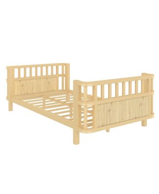 Children's double wooden platform bed with railings (Twin, Natural)