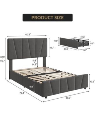 Bed Frame Adjustable Headboard 2 Drawers Linen Upholstered Platform Wood Slats Noise