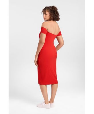 Women's Off the Shoulder Straight Neck Ribbed Sculpting Midi Dress