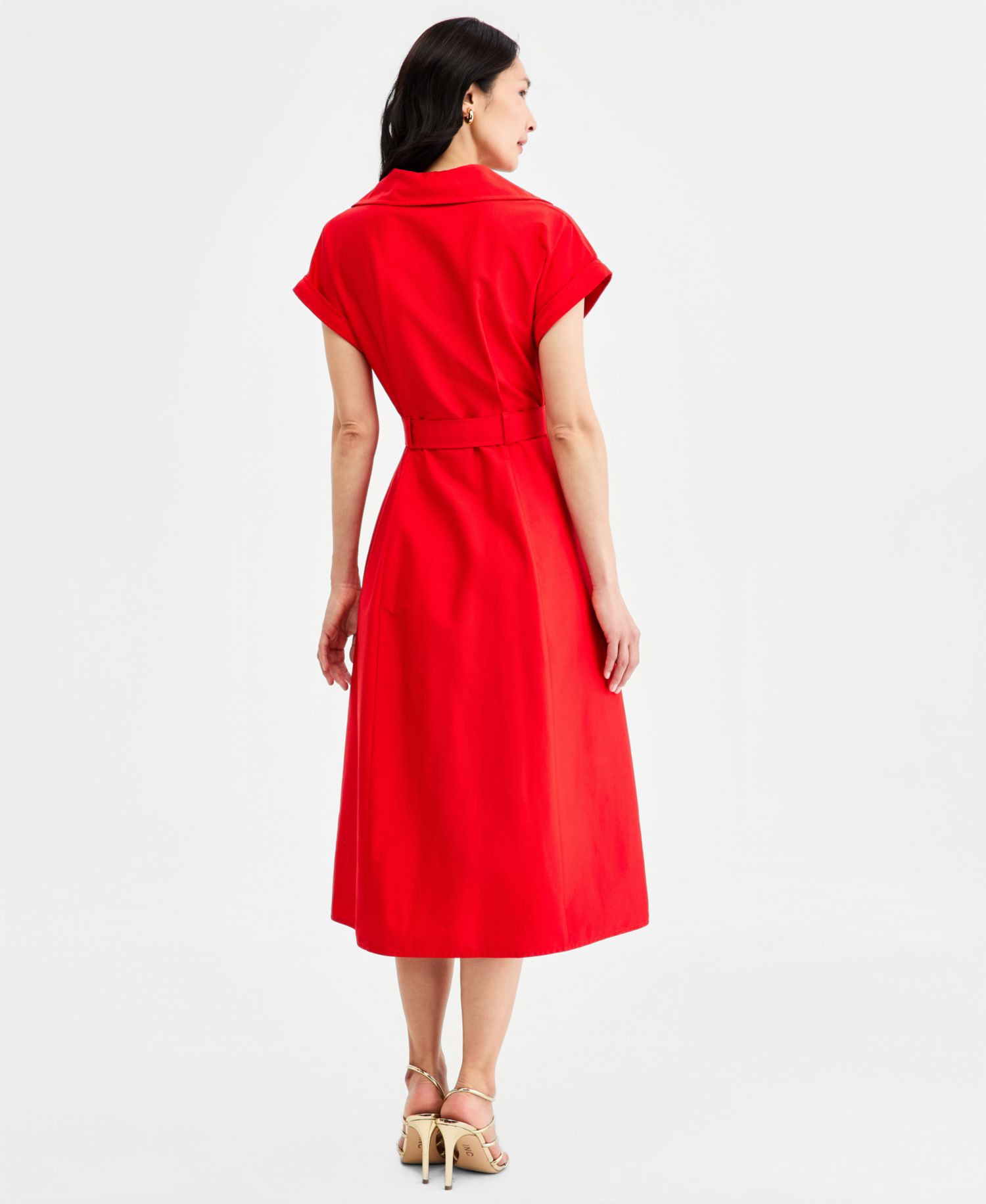 Women's Collared Belted Grommet-Waist Midi Dress