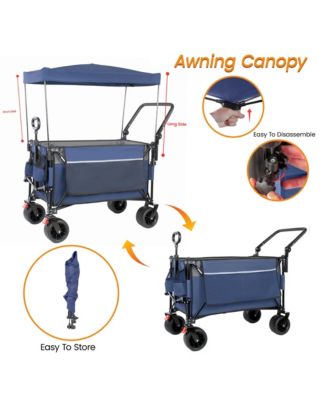 Folding Wagon Cart - Multi-Functional Push-Pull Carts with Canopy, Rotating Handle, All-Terrain Wheels, 480lbs Capacity for Transport