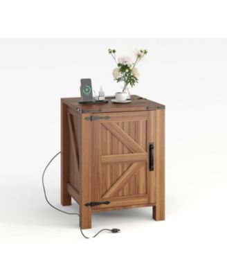Bedside Table with USB Charging Station – Rustic Wooden Bedside Table with Sliding Barn Door, Adjustable Shelf