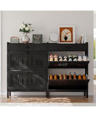 Modern Wooden Shoe Storage Cabinet – 2 Turn Drawers, Large Top Drawer, Adjustable Shelves, Hidden Organizer, Space-Saving, Ideal