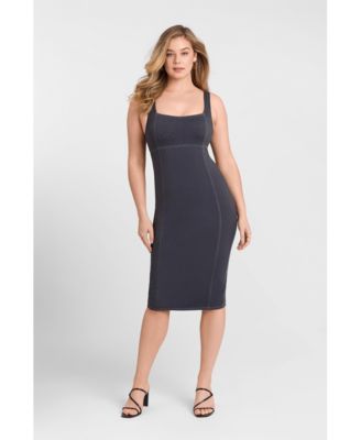 Women's Denim Square Neck Sculpting Tank Midi Dress with Built-In Shapewear