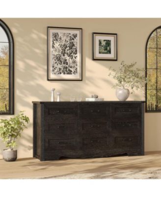 59" Wide 9-Drawer Dresser for Bedroom, Farmhouse Tall Wooden Chest of Drawers with Mid Century Modern Style