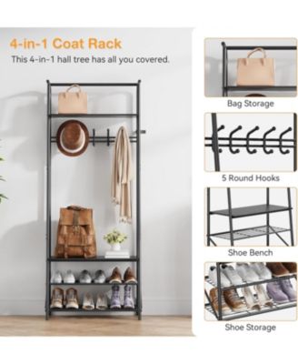 Hall Tree Coat Rack with Shoe Storage Bench, 5 Hooks, Metal Frame & Wood Look Design, 60cm Wide Entryway Organizer