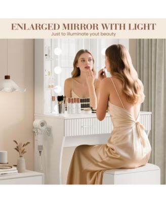 Modern Makeup Vanity Set with 12-LED Mirror, Stool, 2 Drawers, Shelves and Power Outlet