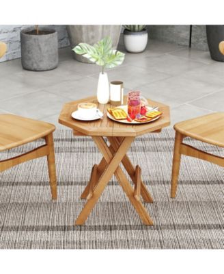 Teak Wood Octagon Coffee Table with X-Shaped Legs and Slatted Top