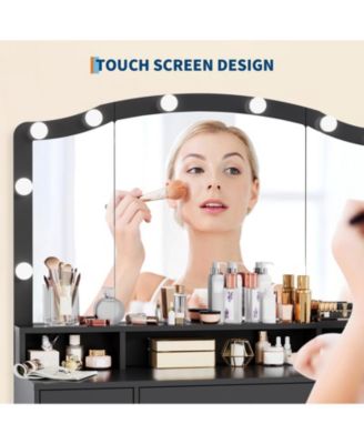 Makeup Vanity Desk with LED Lighted Mirror, 5 Drawers and Power Strip