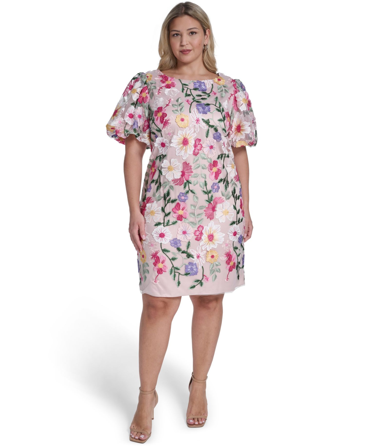 Petite Boat Neck Floral Embroidered Mesh Dress