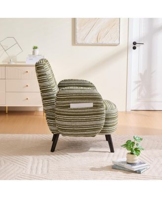 Modern armchair with sanded fabric, side pocket, solid wood legs