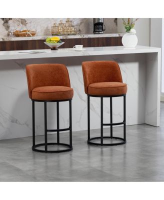Counter Height Bar Stools Set of 2, Modern Barrel Stools with Backrest, Linen Fabric