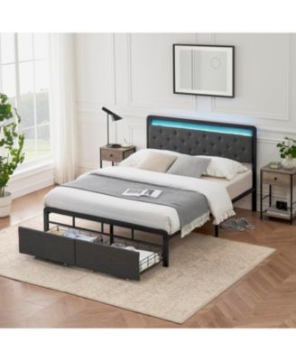 Full Bed Frame With 2 Drawers Upholstered Platform Bed LED Headboard No Box Spring Easy Assembly
