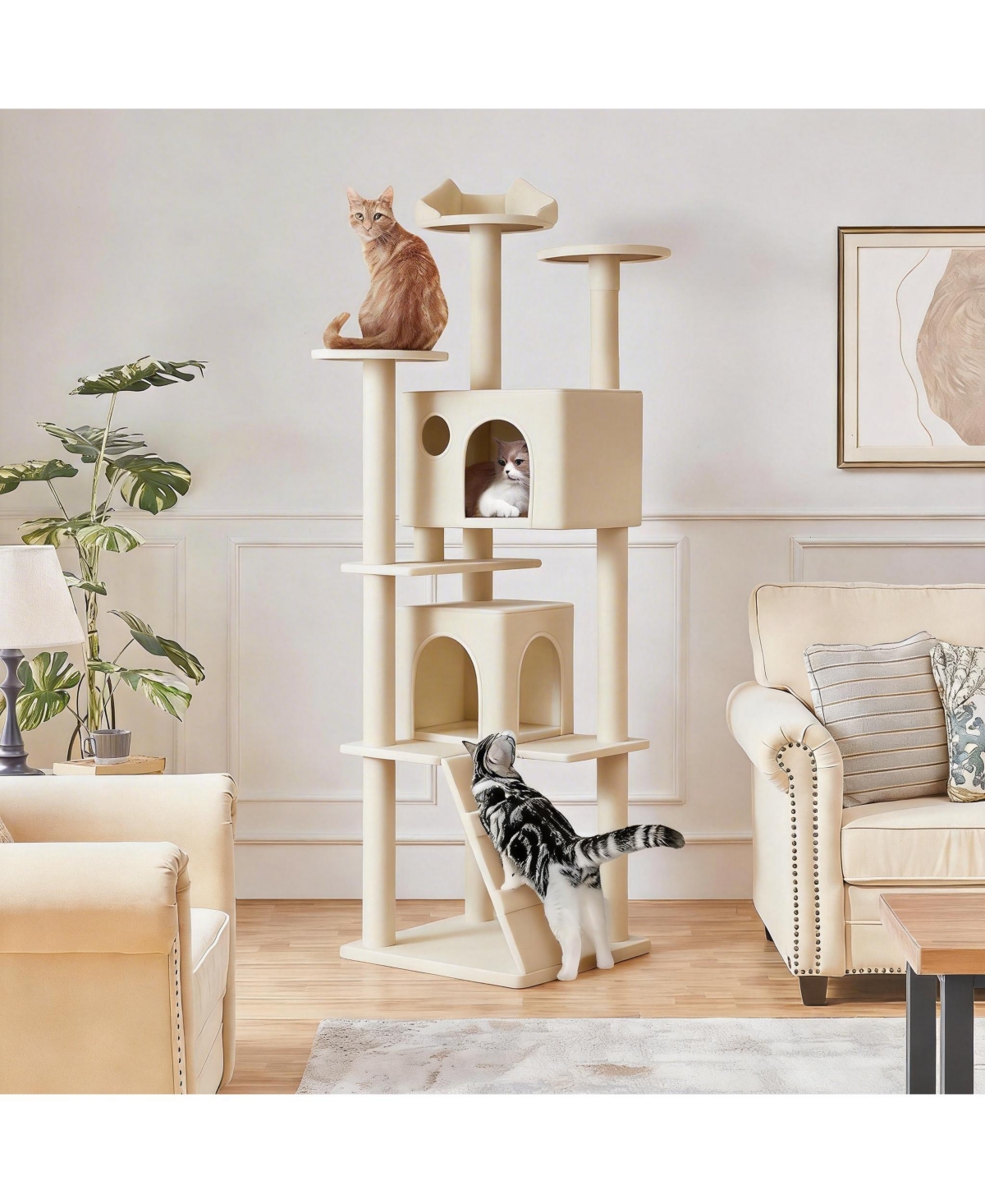 Aronkl Multi-level Cat Tree Tower with Cat-ear Perch 2 Caves Sisal Posts Climbing Ladder Replaceable Balls Pet Activity Center