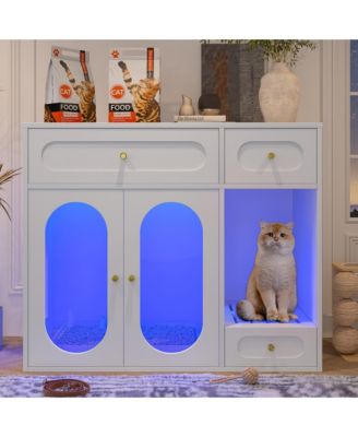 Cat Litter Box Enclosure with LED Light – End Table with Storage Drawers & Acrylic Doors