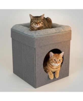 2 in 1 Cat Cube Bed Lounging Platform Foldable Portable with Washable Cushions
