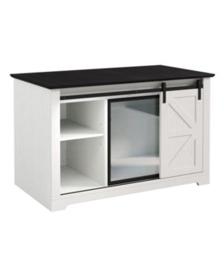 Farmhouse Cat Litter Box Enclosure with Sliding Barn Door – White Nightstand Cabinet with LED Light & Storage, Hidden Cat Furniture