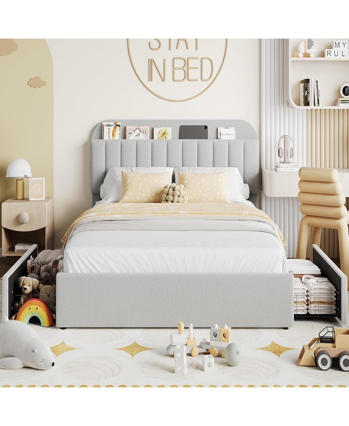 gaomon Bed Frame with Storage Headboard, Kids 2 Drawers, Boucle Upholstered Platform Bookcase